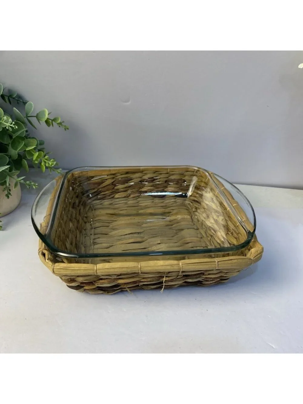 Anchor Hocking Vintage 2 8 x 8 Qt Glass Dish Casserole with Serving Basket